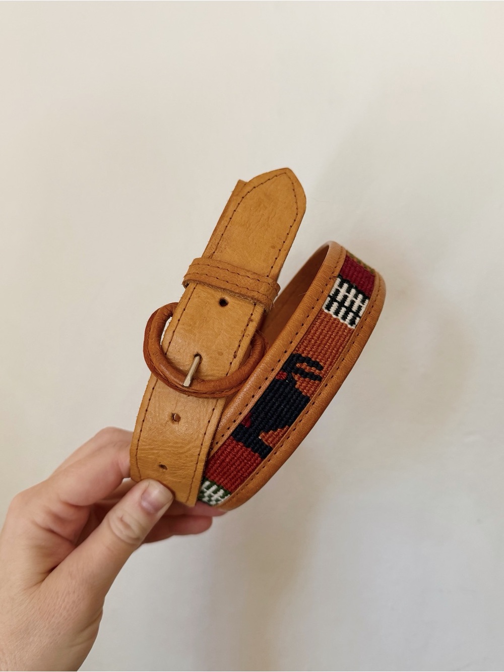 Tan Leather Belt with Multicolor Woven Accent - medium